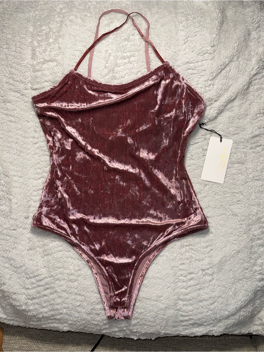 NWT Cotton Candy LA Velvet Cowl Neck Bodysuit - Mauve Pink Crushed Velvet Sz Sm